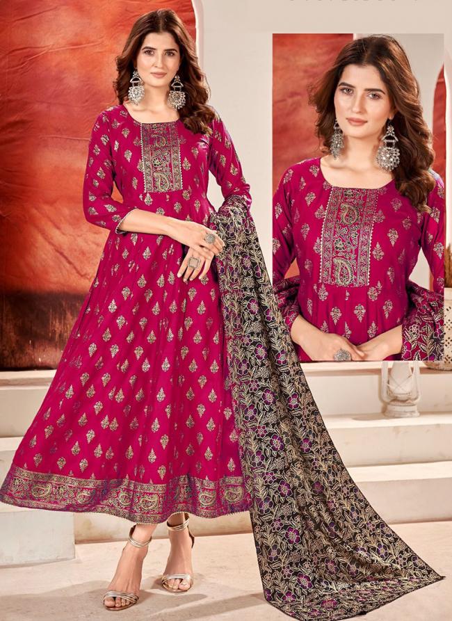Rayon Rani Casual Wear Foil Printed Gown With Dupatta